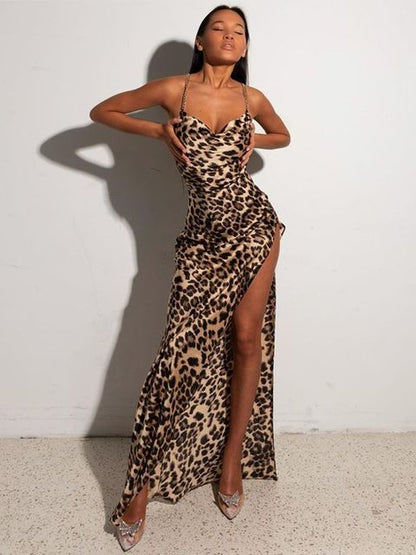 Maxikleid Damen Leopardenmuster mit Seitlich Schlitze Polyester für Sommer 1