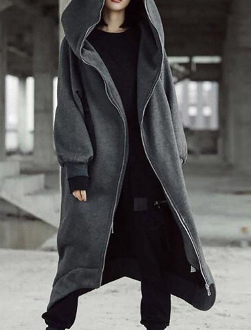 Damen-Mantel Lang Fleece mit Kapuze Elegantes Design-1