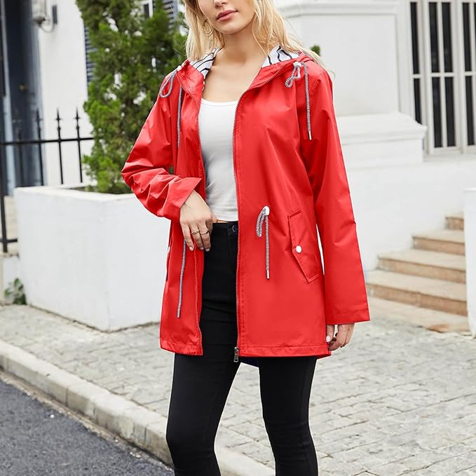 Wasserdichte Damenjacke in elegantem Design – Atmungsaktives Polyester, lang und schick, Schwarz, Damenjacken, mehrere Taschen 5